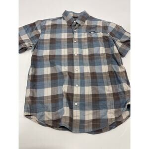 Grizzly Mountain Men's Short Sleeve Button Down Shirt, Plaid Blue Tan, Size M